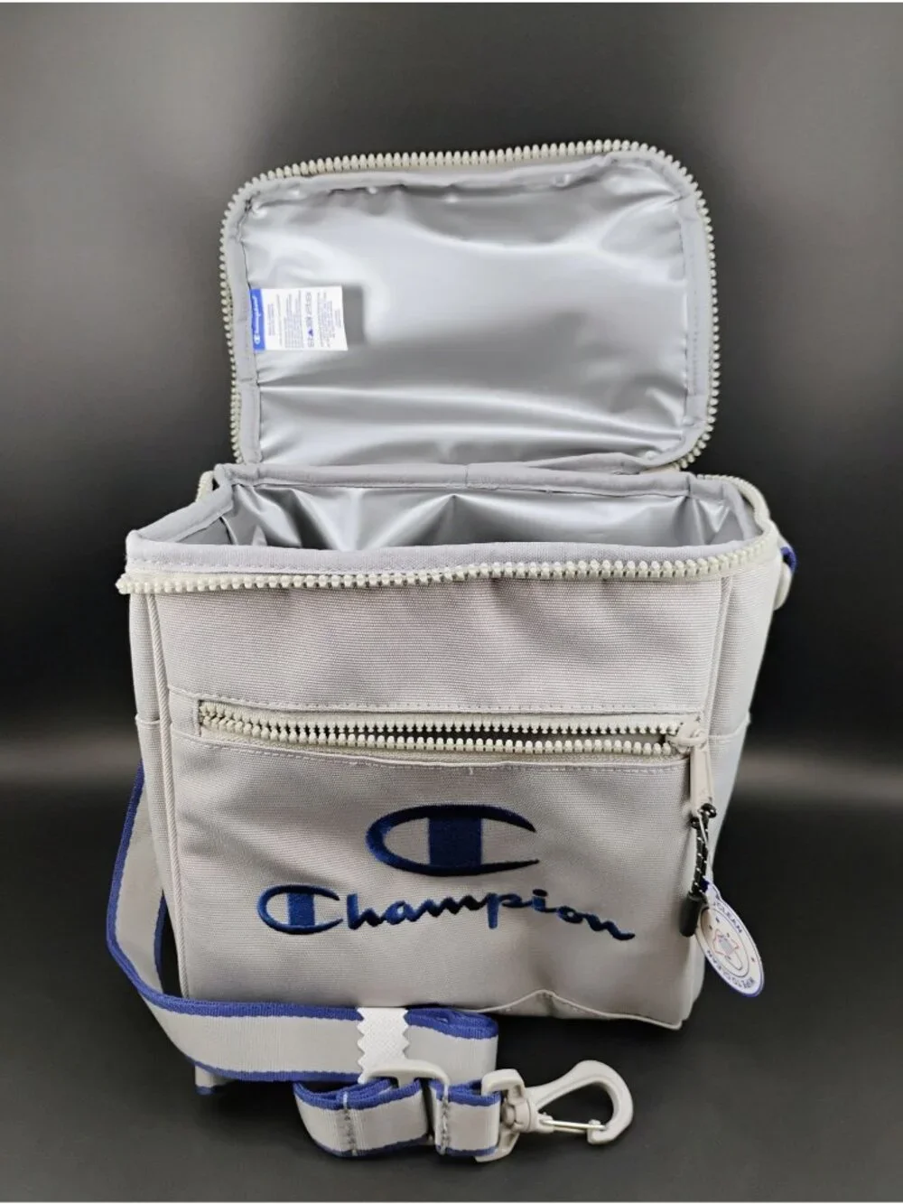 Champion Gray Insulated Lunch Box With Adjustable Strap Front Zipper Pocket